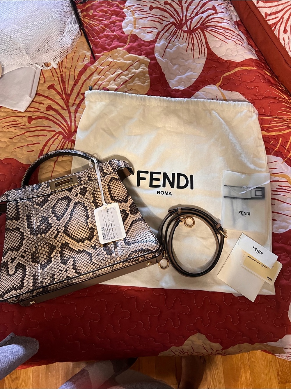 Fendi Snake-Print Top Handle Satchel in Black, Cream and Brown